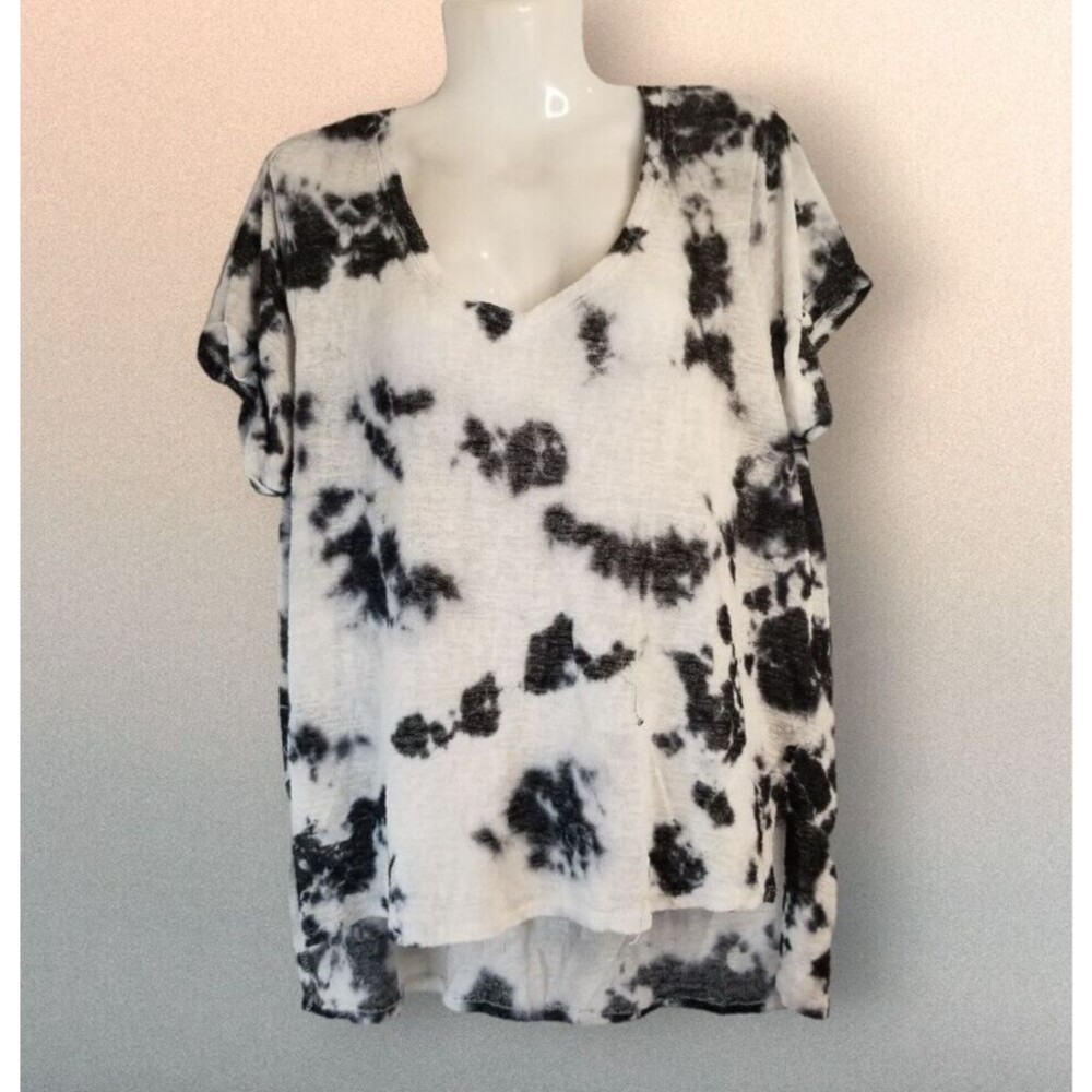 Women's Rock & Republic Top Tie Dye Black White Short Sleeve V-Neck Size XL